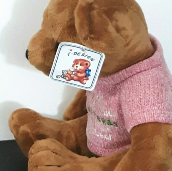Vtg 10" Bear T Design Vegas Bear toy Stuffed Animal Animal tag's pink sweater - Picture 5 of 11